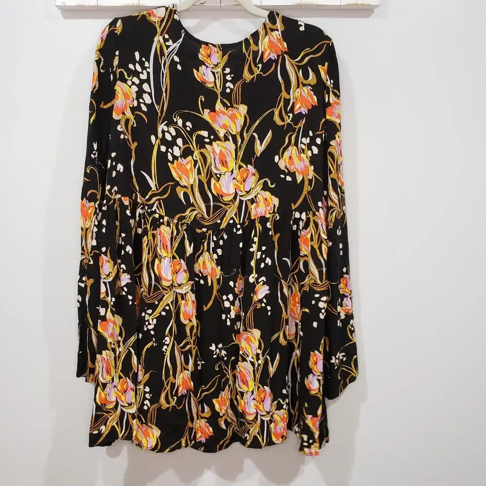 Free People Bella Printed Tunic Floral Boho Babydoll Top Womens Size Large